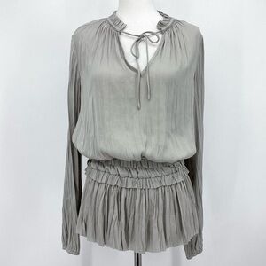 CURRENT AIR Pleated Silky Blouse Peplum Long Sleeve Gray Grecian Dressy S